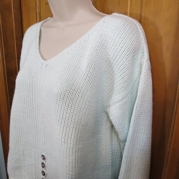 Pure Handknit Seafoam Green V-Neck Sweater 100% Cotton Button Details Medium - Picture 3 of 9